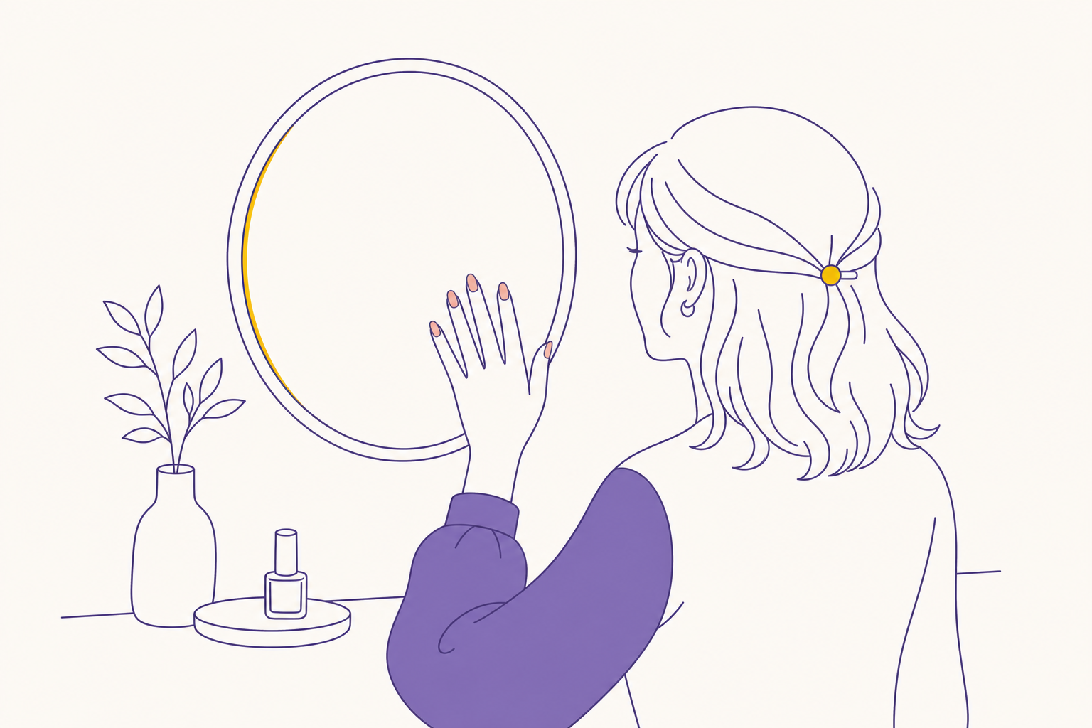 鏡に手をかざして、肌なじみのいいワンカラーネイルを眺める女性のイラスト